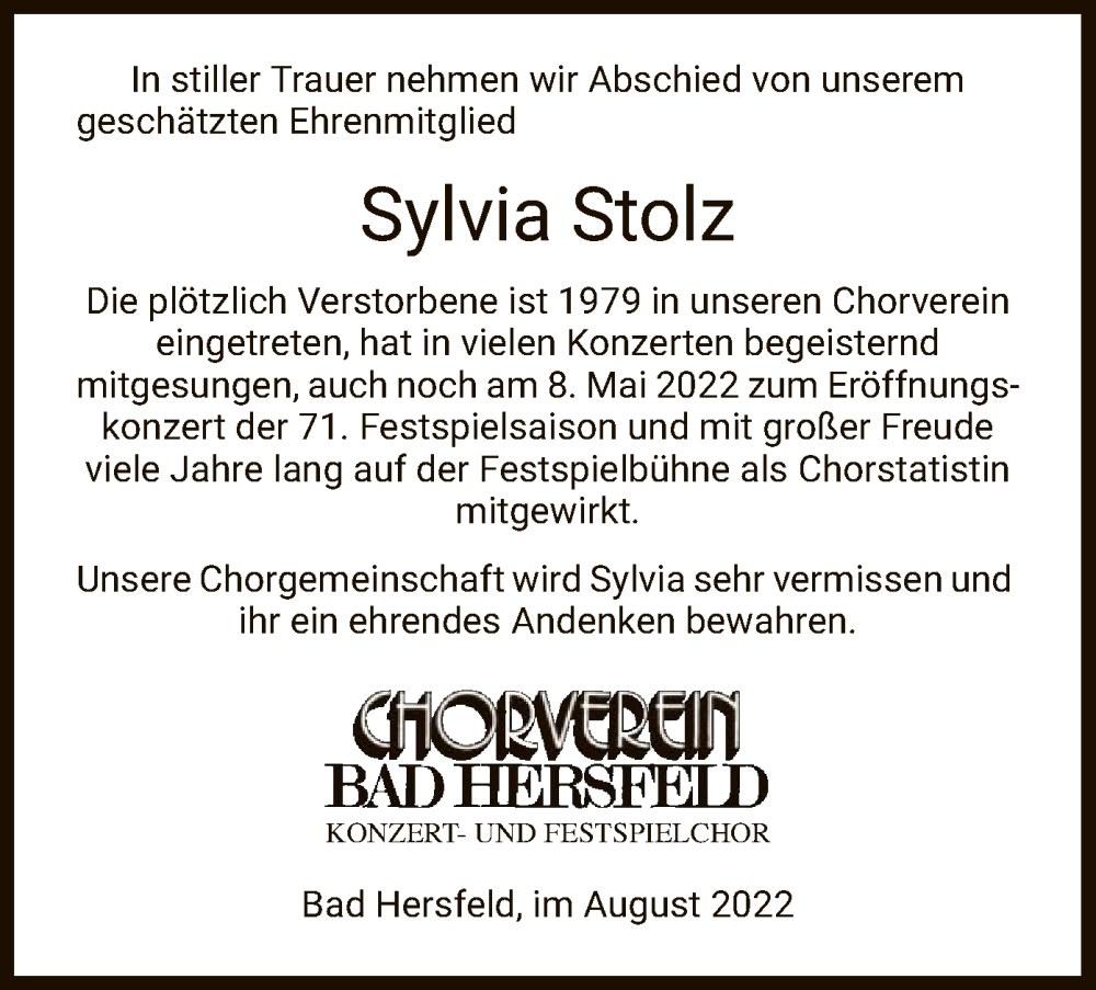  Traueranzeige für Sylvia Stolz vom 13.08.2022 aus HZ