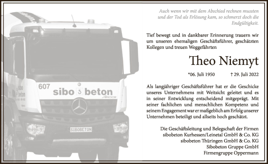 Traueranzeige von Theo Niemyt von HNA