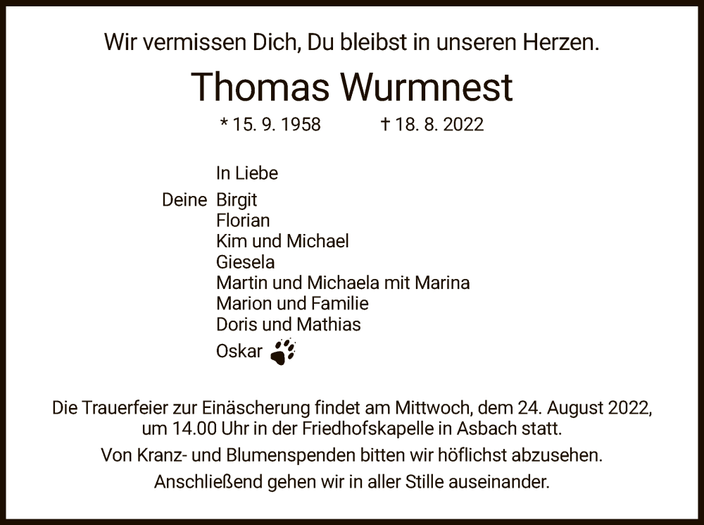  Traueranzeige für Thomas Wurmnest vom 23.08.2022 aus HZ