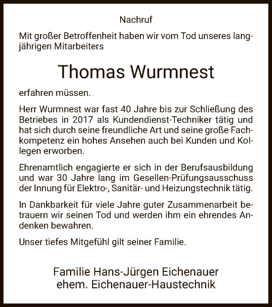 Traueranzeige von Thomas Wurmnest von HZ