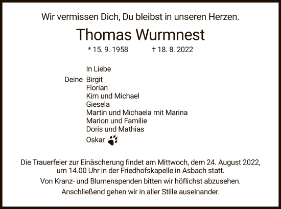Traueranzeige von Thomas Wurmnest von HZ
