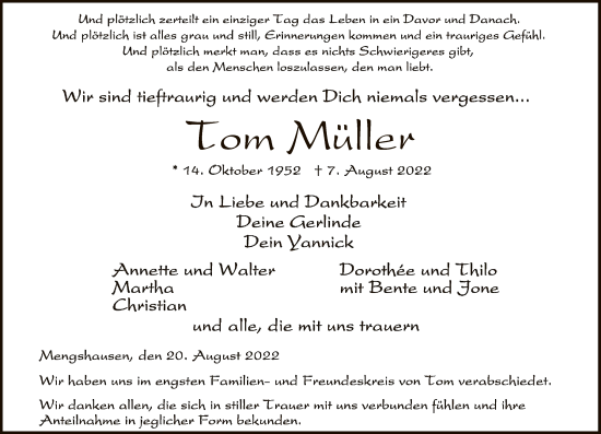 Traueranzeige von Tom Müller von HZ