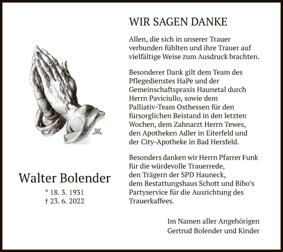 Traueranzeige von Walter Bolender von HZ