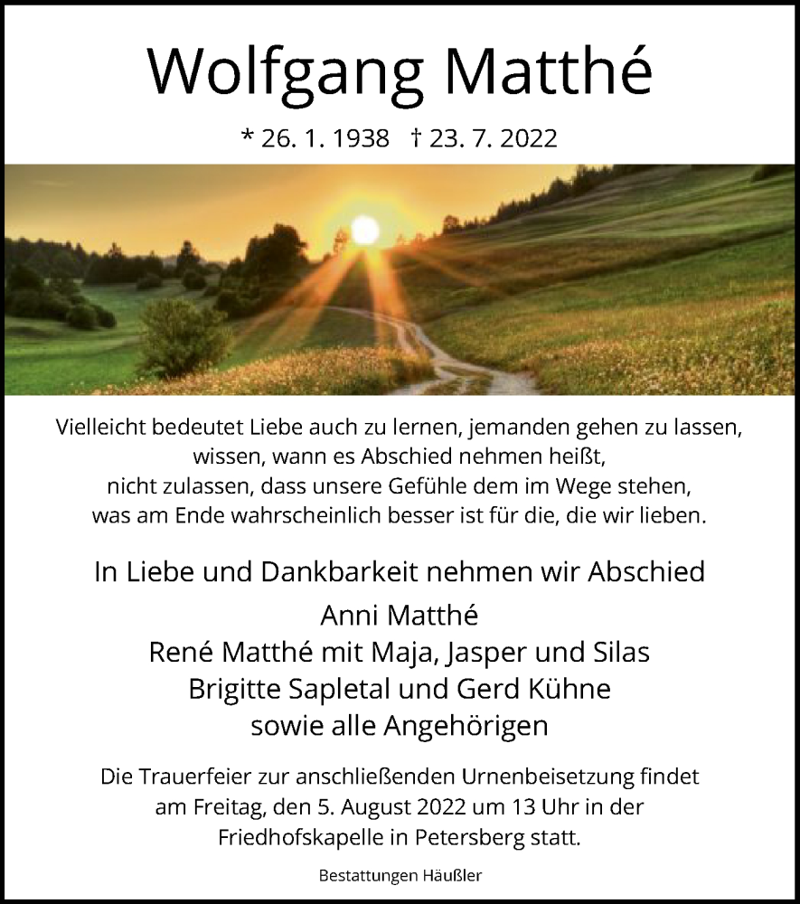  Traueranzeige für Wolfgang Matthe vom 03.08.2022 aus HZ