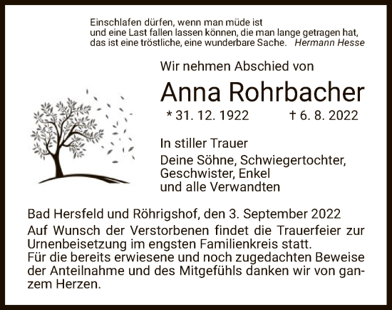 Traueranzeige von Anna Rohrbacher von HZ