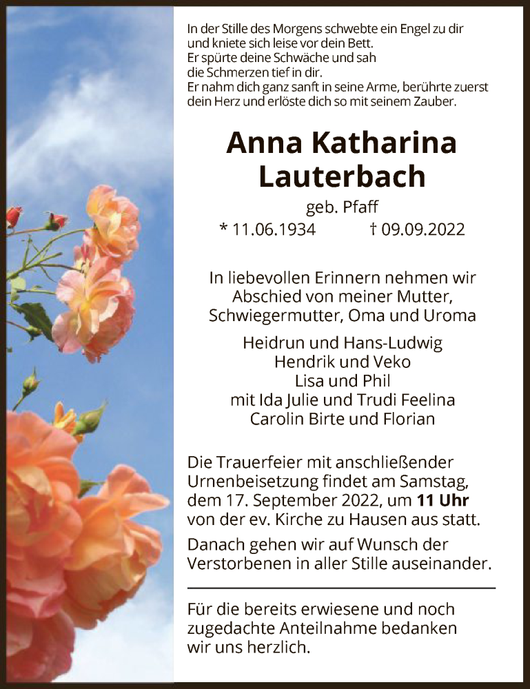  Traueranzeige für Anna Katharina Lauterbach vom 16.09.2022 aus HNA