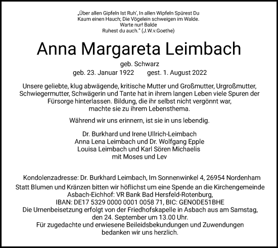 Traueranzeige von Anna Margareta Leimbach von HZ