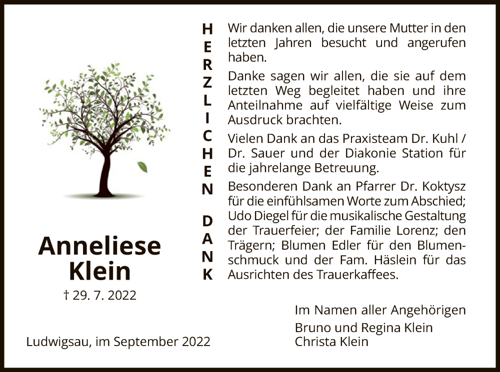  Traueranzeige für Anneliese Klein vom 10.09.2022 aus HZ