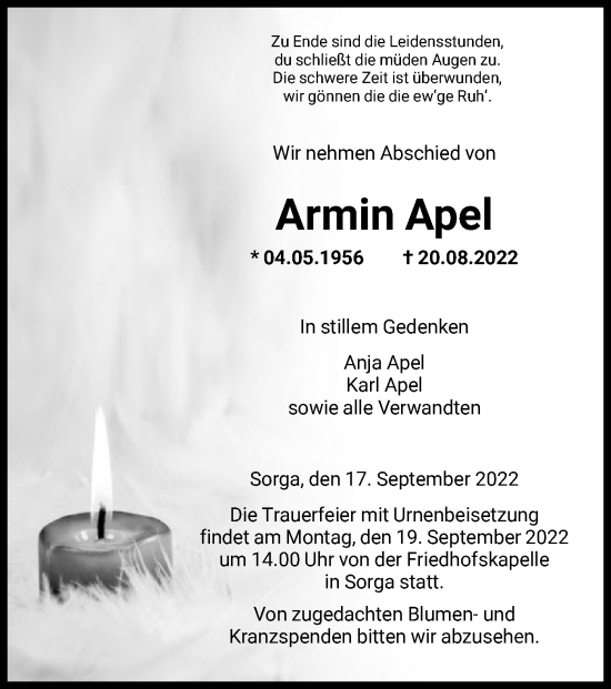 Traueranzeige von Armin Apel von HZ