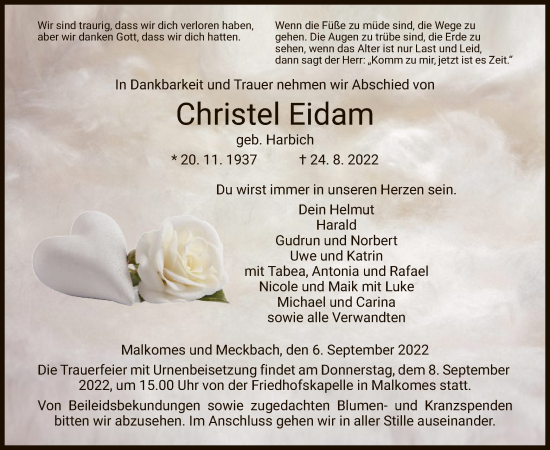 Traueranzeige von Christel Eidam von HZ