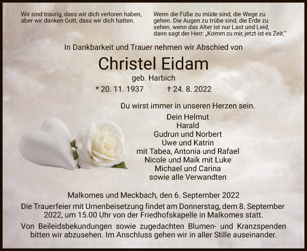  Traueranzeige für Christel Eidam vom 06.09.2022 aus HZ