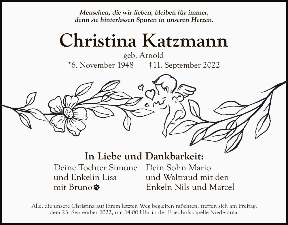  Traueranzeige für Christina Katzmann vom 17.09.2022 aus HZ