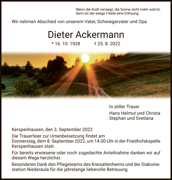 Traueranzeige von Dieter Ackermann von HZ