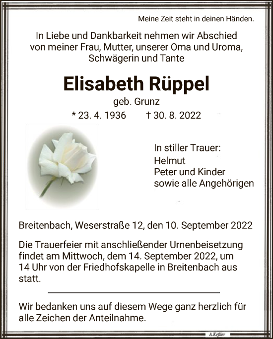 Traueranzeige von Elisabeth Rüppel von HNA