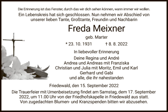 Traueranzeige von Freda Meixner von HZ