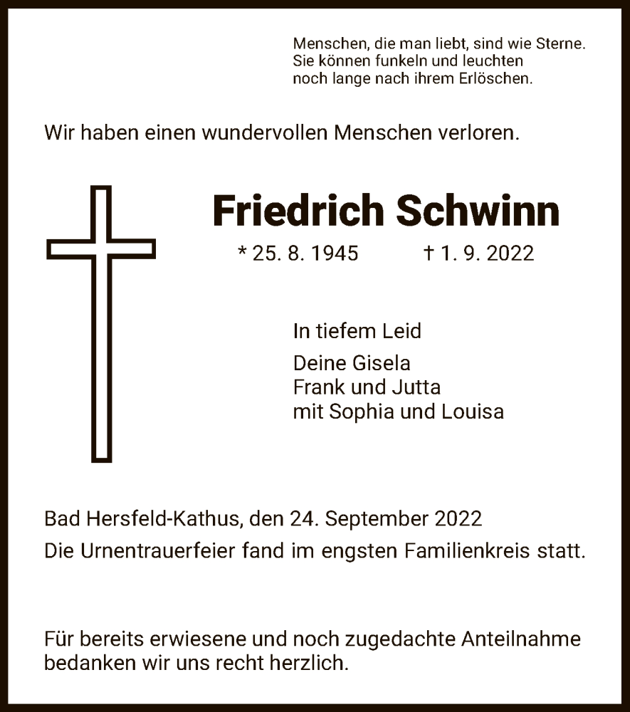  Traueranzeige für Friedrich Schwinn vom 24.09.2022 aus HZ