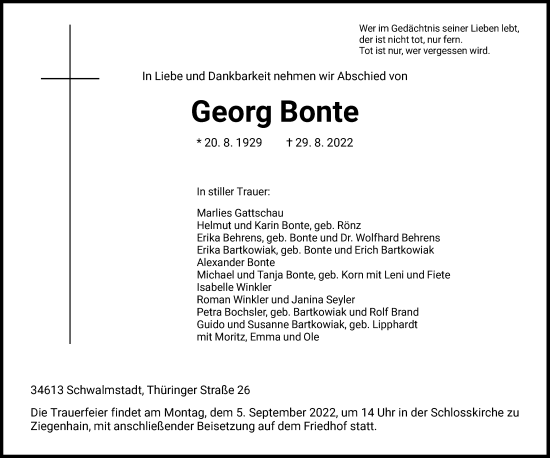 Traueranzeige von Georg Bonte von HNA