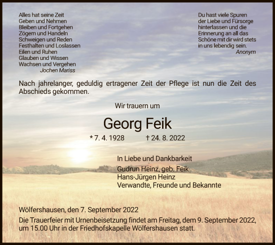 Traueranzeige von Georg Feik von HZ