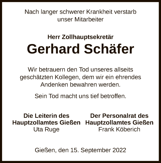 Traueranzeige von Gerhard Kurt Schäfer von HZ