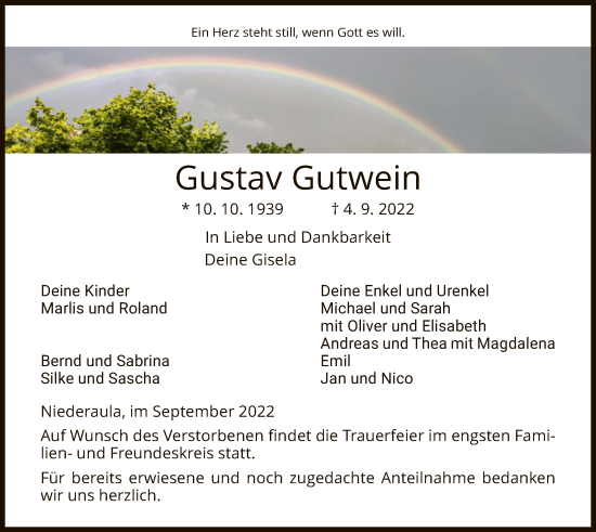 Traueranzeige von Gustav Gutwein von HZ