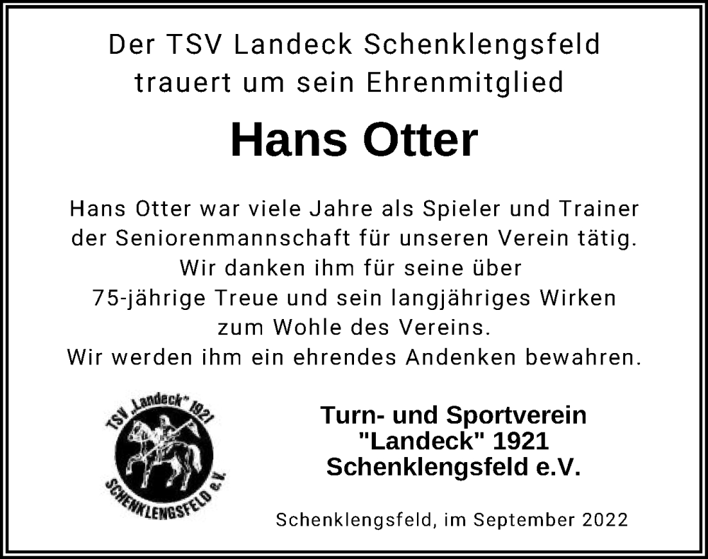  Traueranzeige für Hans Otter vom 30.09.2022 aus HZ