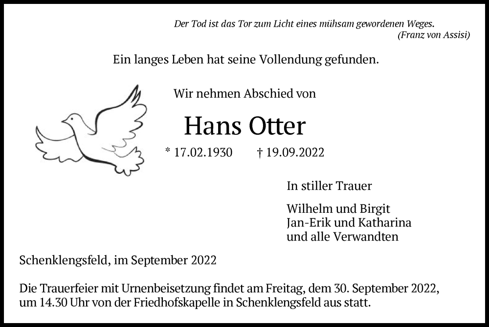 Traueranzeige für Hans Otter vom 28.09.2022 aus HZ