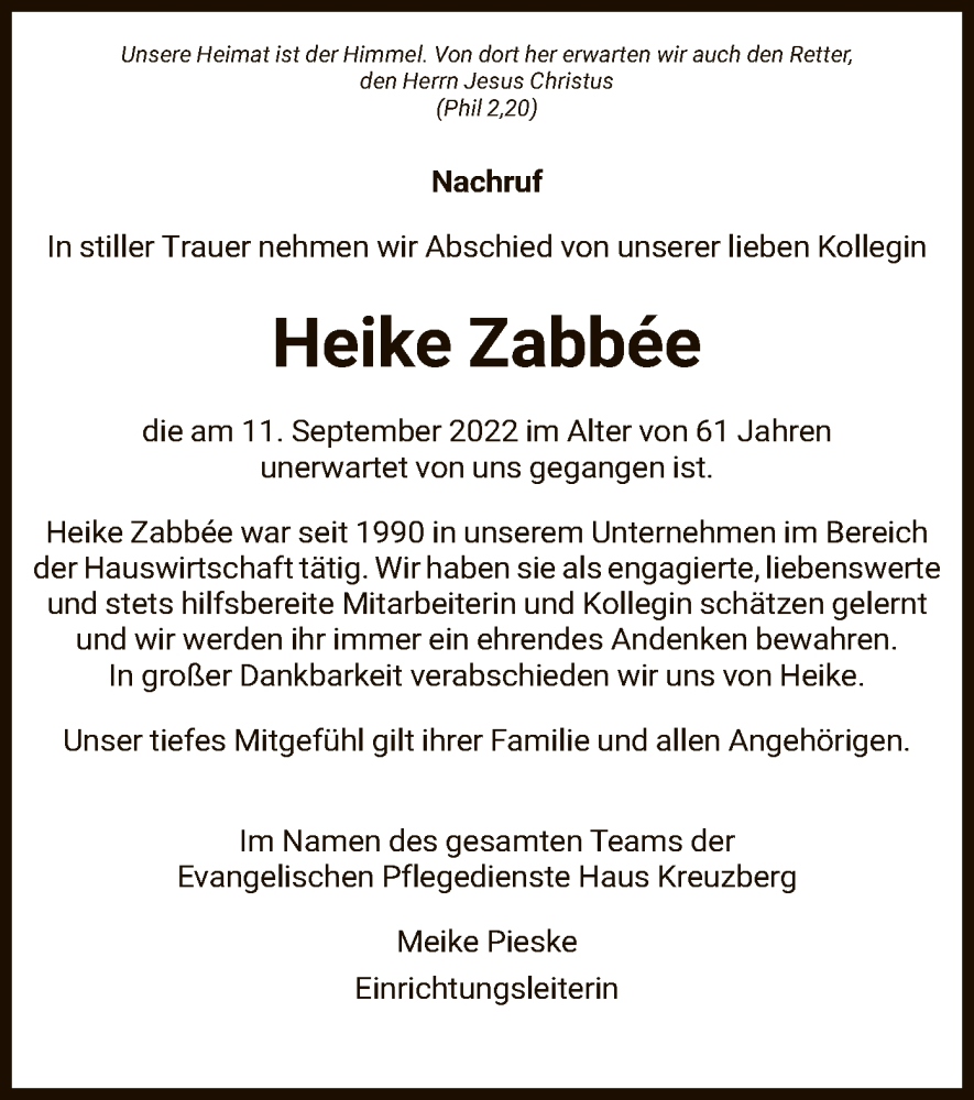  Traueranzeige für Heike Zabbee vom 24.09.2022 aus HZ