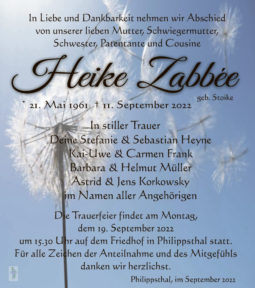  Traueranzeige für Heike Zabbee vom 17.09.2022 aus HZ