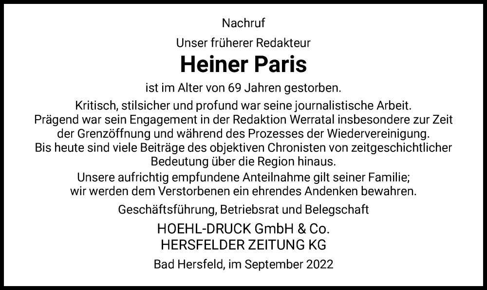  Traueranzeige für Heiner Paris vom 24.09.2022 aus HZ