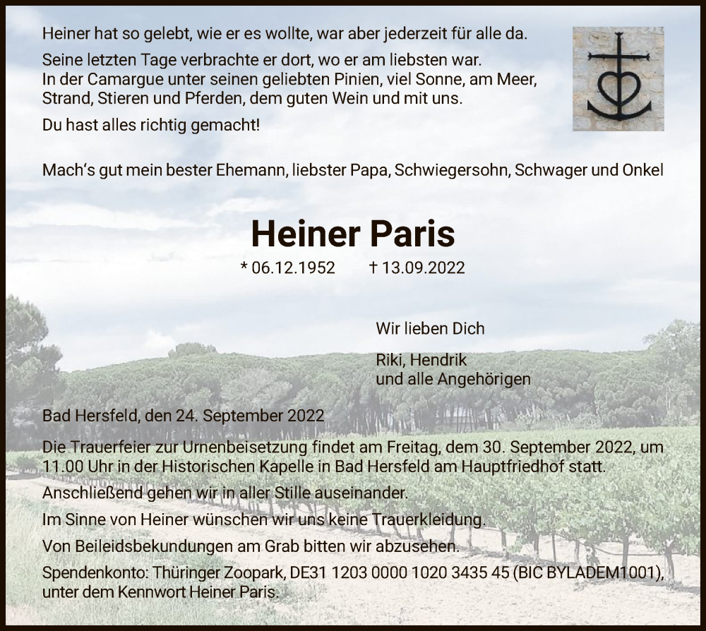  Traueranzeige für Heiner Paris vom 24.09.2022 aus HZ