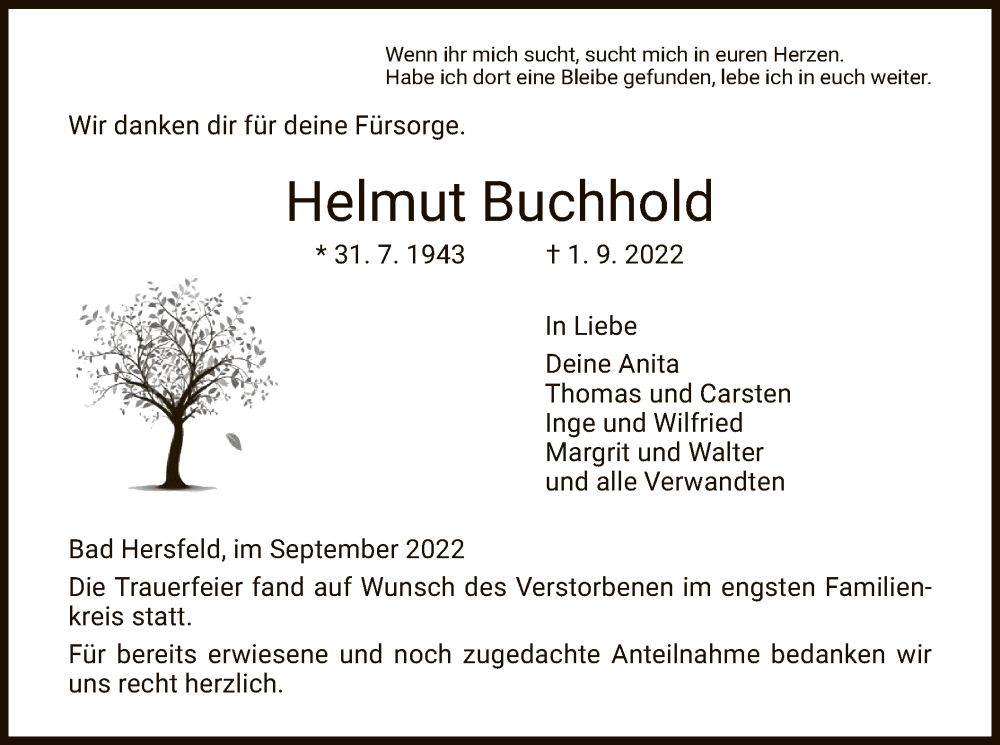  Traueranzeige für Helmut Buchhold vom 10.09.2022 aus HZ