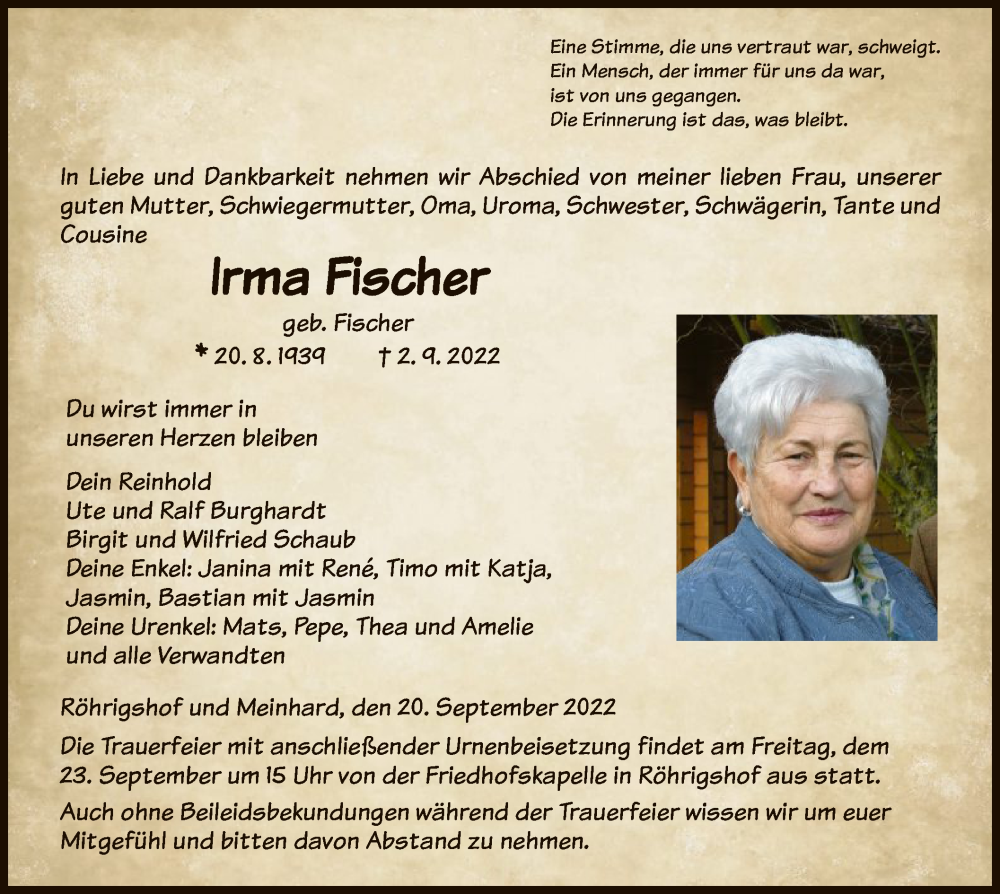  Traueranzeige für Irma Fischer vom 20.09.2022 aus HZ