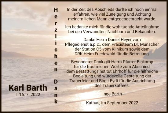 Traueranzeige von Karl Barth von HZ