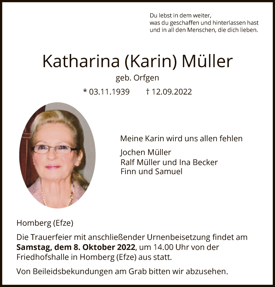  Traueranzeige für Katharina Müller vom 17.09.2022 aus HNA