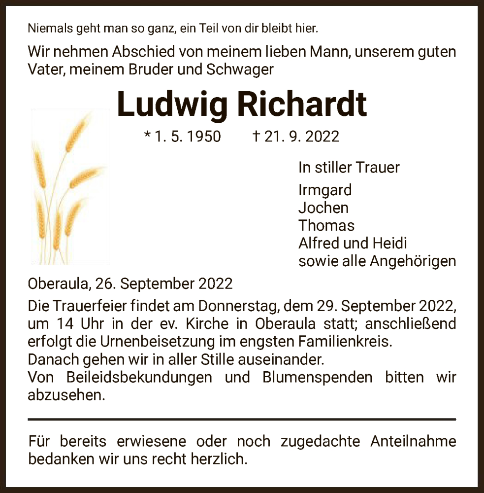  Traueranzeige für Ludwig Richardt vom 26.09.2022 aus HNA