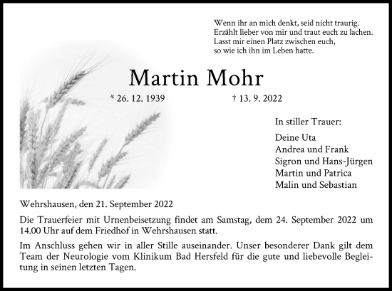 Traueranzeige von Martin Mohr von HZ