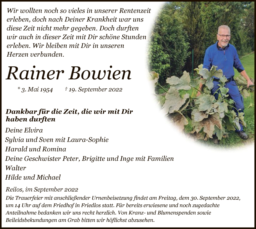  Traueranzeige für Rainer Bowien vom 28.09.2022 aus HZ
