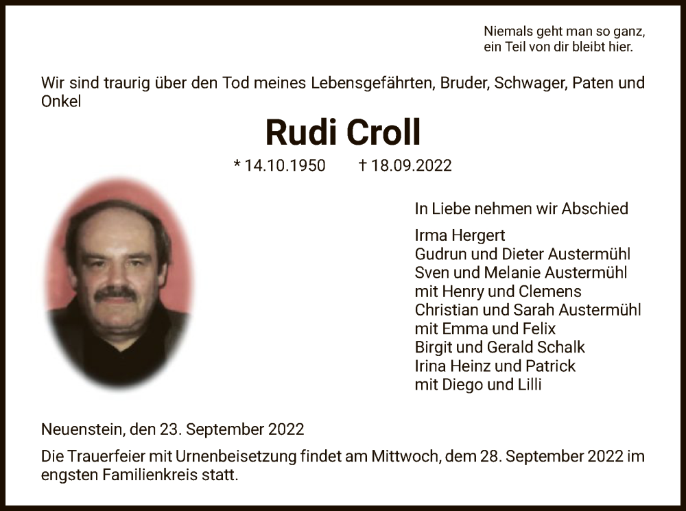  Traueranzeige für Rudi Croll vom 23.09.2022 aus HZ