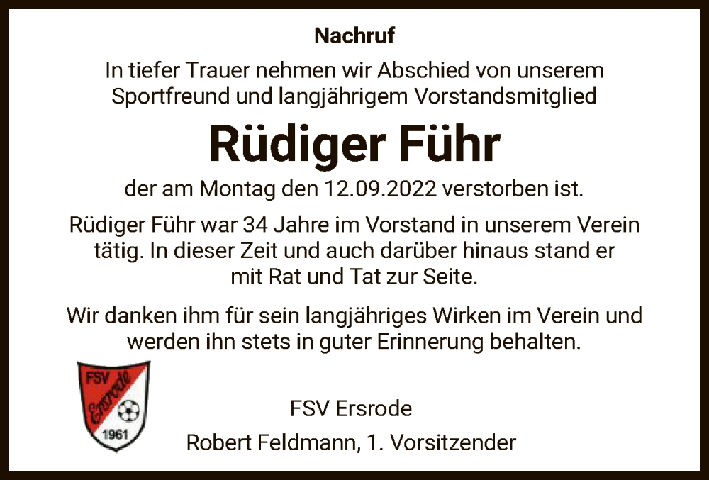  Traueranzeige für Rüdiger Führ vom 24.09.2022 aus HZ