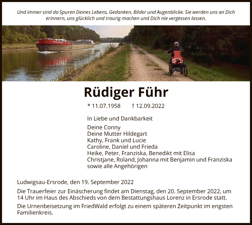  Traueranzeige für Rüdiger Führ vom 19.09.2022 aus HZ