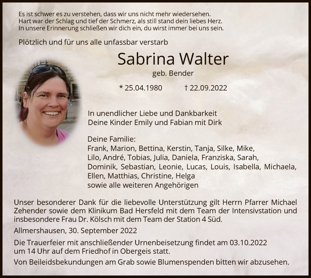  Traueranzeige für Sabrina Walter vom 30.09.2022 aus HZ