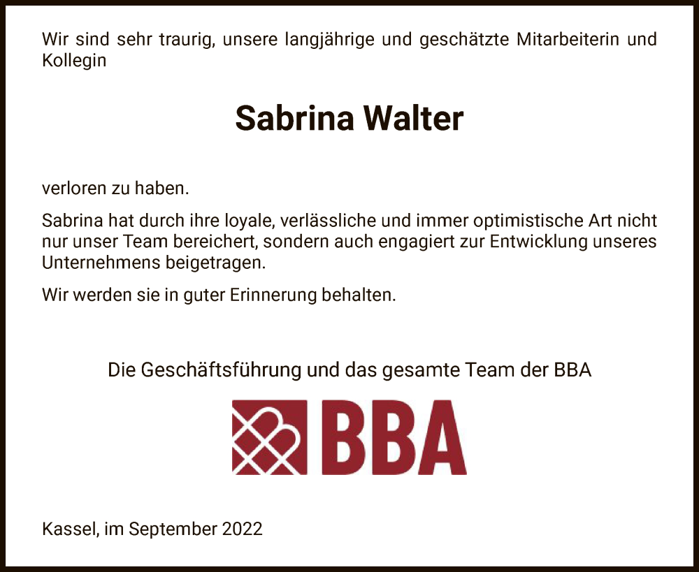  Traueranzeige für Sabrina Walter vom 30.09.2022 aus HZ