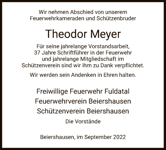 Traueranzeige von Theodor Meyer von HZ