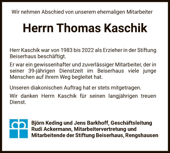 Traueranzeige von Thomas Kaschik von HZ