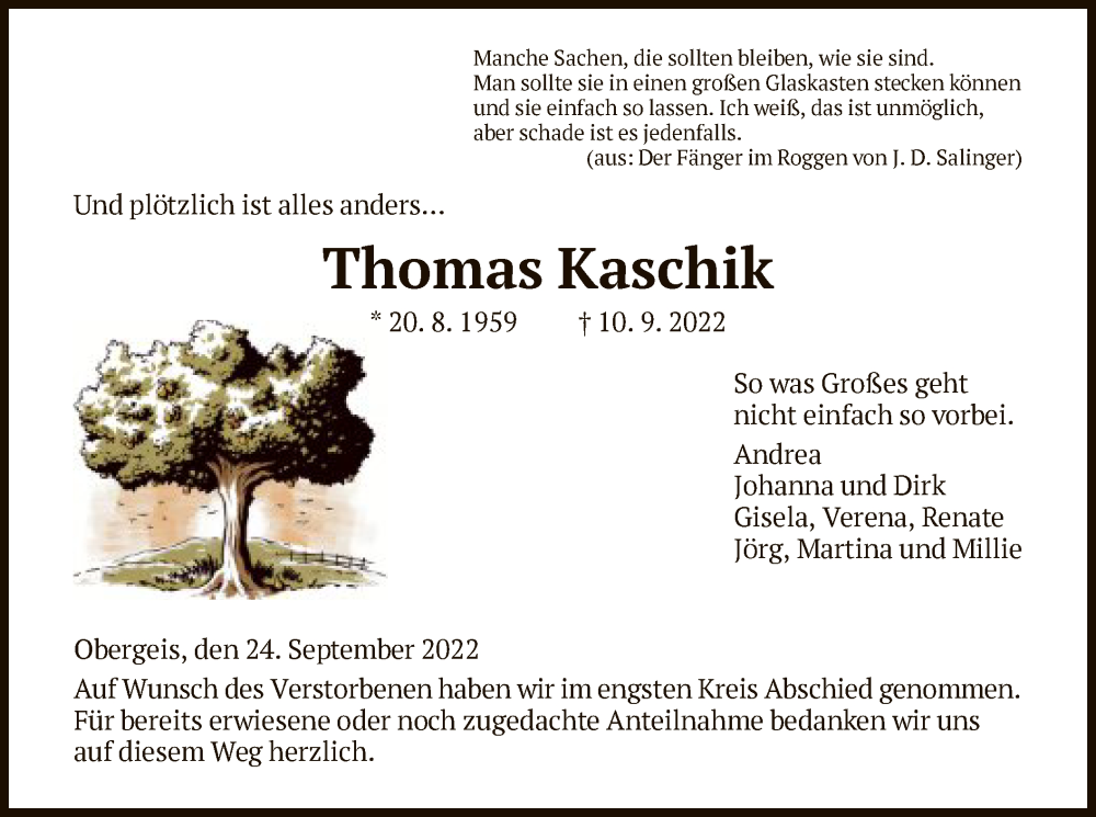  Traueranzeige für Thomas Kaschik vom 24.09.2022 aus HZ