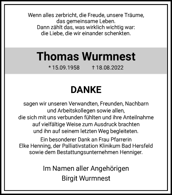 Traueranzeige von Thomas Wurmnest von HZ