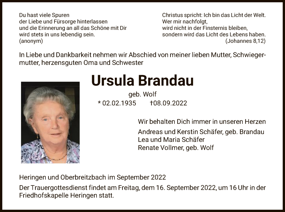  Traueranzeige für Ursula Brandau vom 13.09.2022 aus HZ