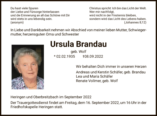 Traueranzeige von Ursula Brandau von HZ