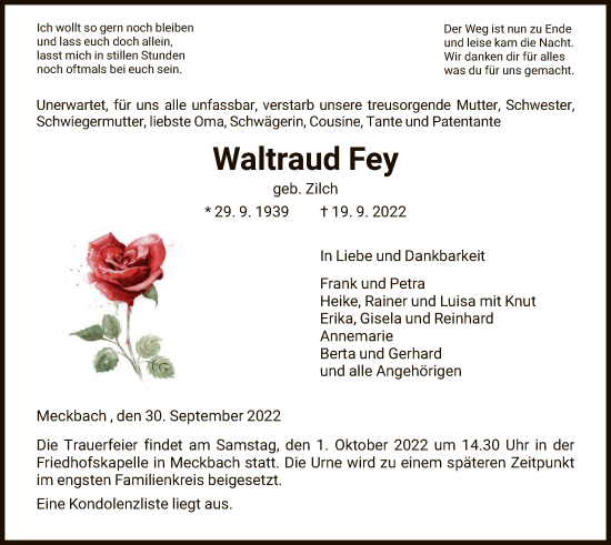 Traueranzeige von Waltraud Fey von HZ