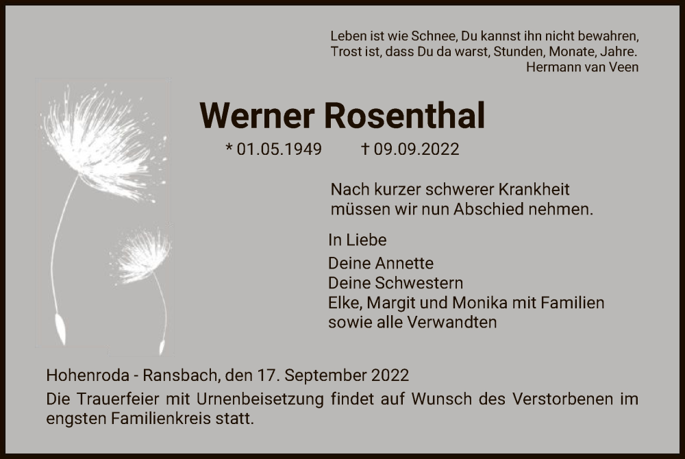  Traueranzeige für Werner Rosenthal vom 17.09.2022 aus HZ